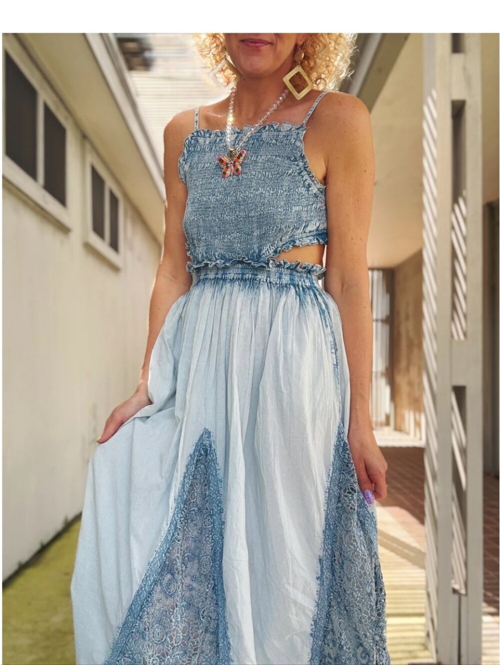 Smocked Lace-Panel Maxi Skirt Dress